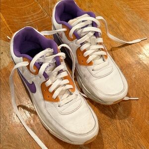 Boys Nike Air Max 90 LTR White Sneakers with Purple and Tan Accents
